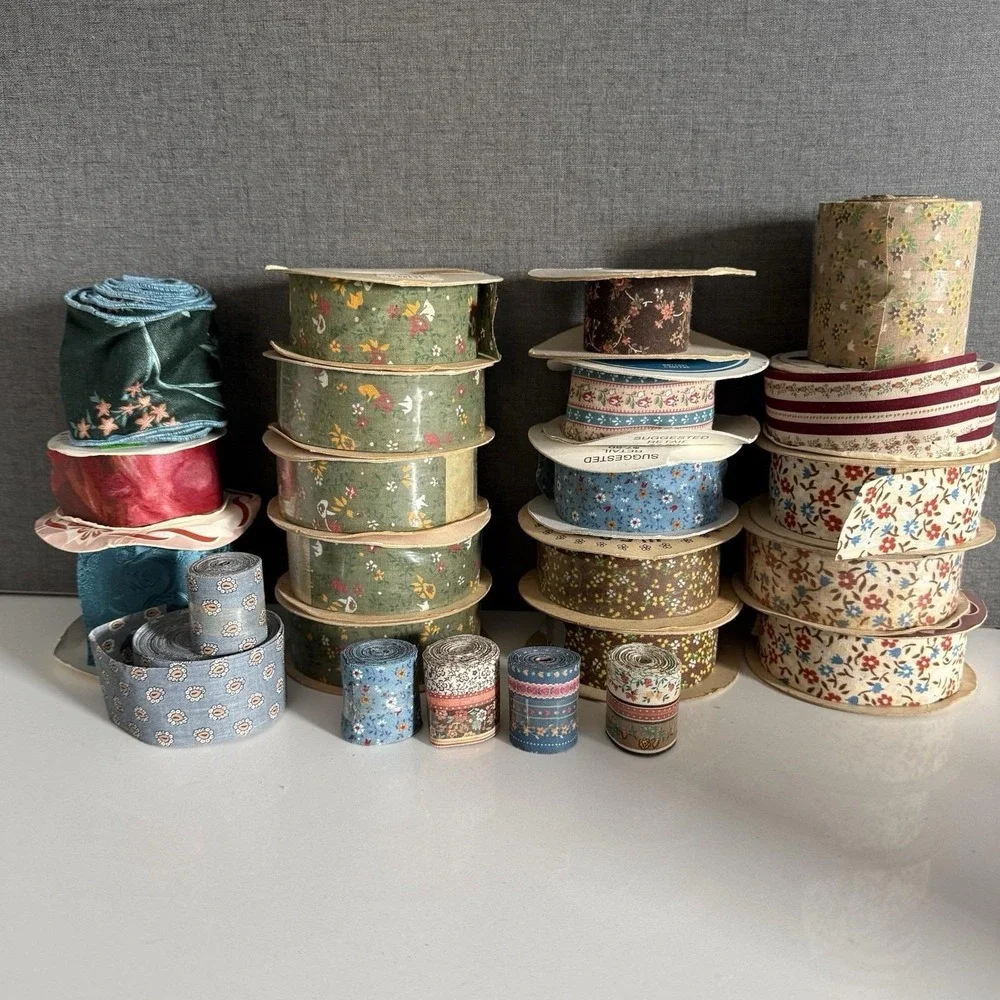 Box Lot Vintage Fabric Ribbon Summer Fall Floral Some NOS